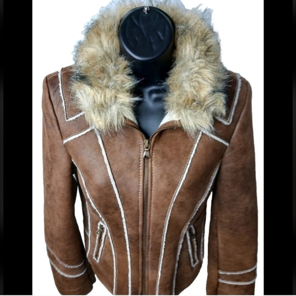Guess Jackets & Blazers - Guess Faux Leather Faux Fur Removable Collar Faux Shearling Western Designer 720